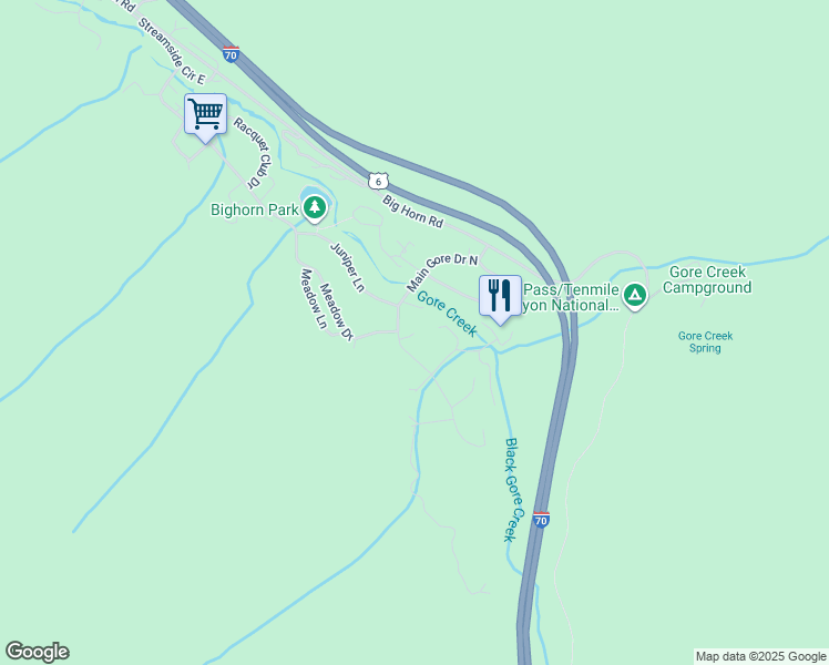 map of restaurants, bars, coffee shops, grocery stores, and more near 5117 Main Gore Dr S in Vail