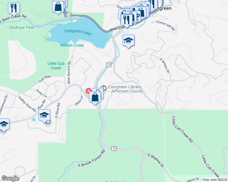 map of restaurants, bars, coffee shops, grocery stores, and more near 28342 Camel Heights Circle in Evergreen