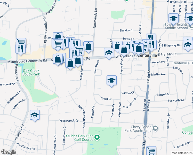 map of restaurants, bars, coffee shops, grocery stores, and more near 96 Gershwin Drive in Dayton