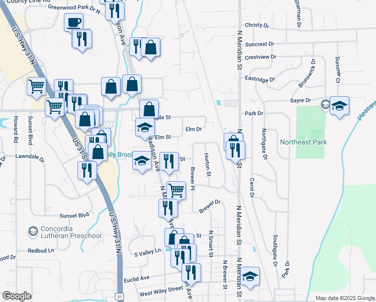map of restaurants, bars, coffee shops, grocery stores, and more near 706 Brewer Place in Greenwood