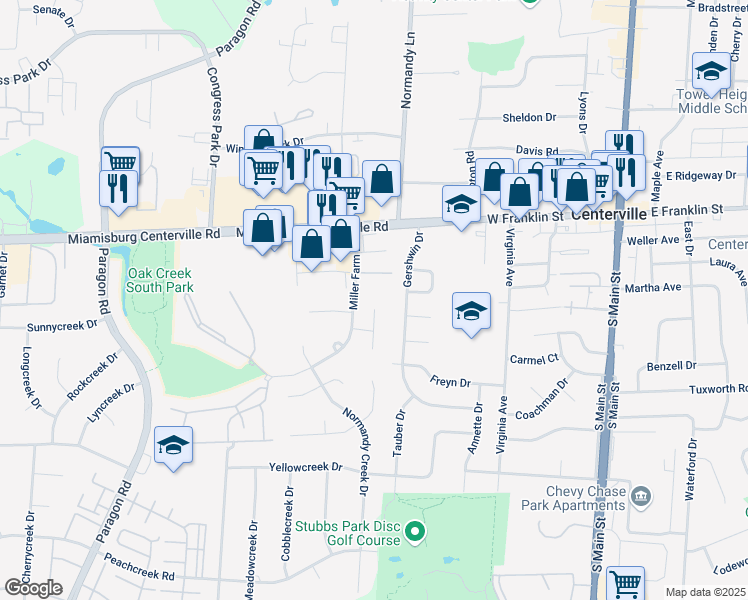map of restaurants, bars, coffee shops, grocery stores, and more near 8100 Julian Place in Dayton