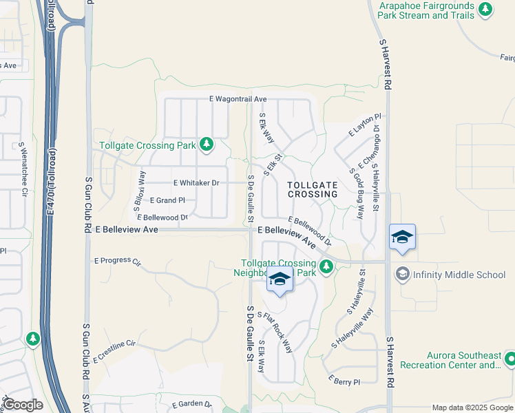 map of restaurants, bars, coffee shops, grocery stores, and more near 5035 South Elk Street in Aurora