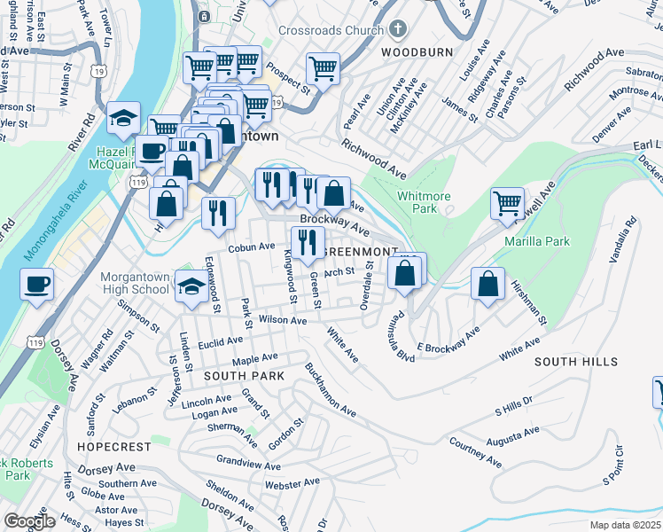map of restaurants, bars, coffee shops, grocery stores, and more near 240 Dewey St in Morgantown