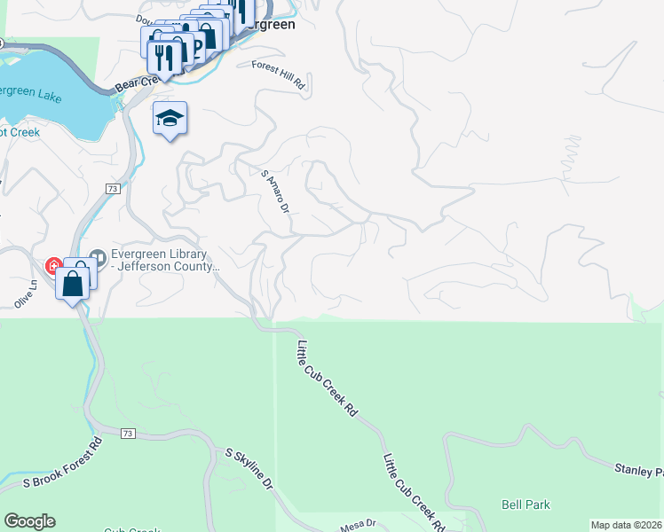map of restaurants, bars, coffee shops, grocery stores, and more near 4994 White House Trail in Evergreen