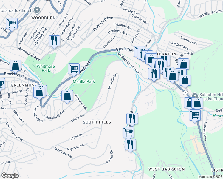 map of restaurants, bars, coffee shops, grocery stores, and more near 977 Vandalia Rd in Morgantown