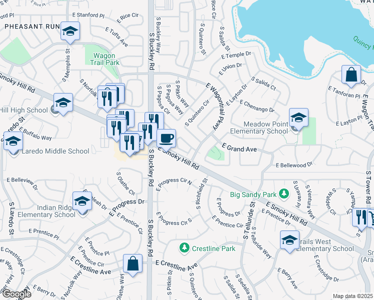 map of restaurants, bars, coffee shops, grocery stores, and more near 17197 East Whitaker Drive in Aurora