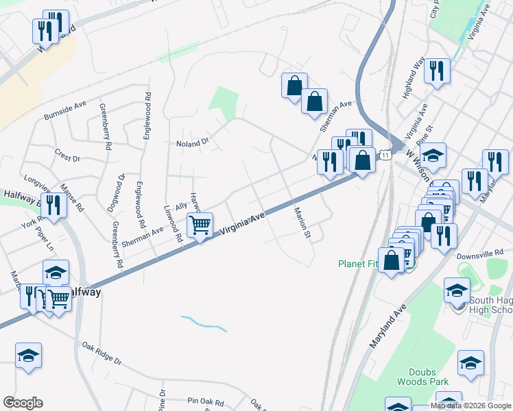 map of restaurants, bars, coffee shops, grocery stores, and more near 815 Armstrong Avenue in Hagerstown