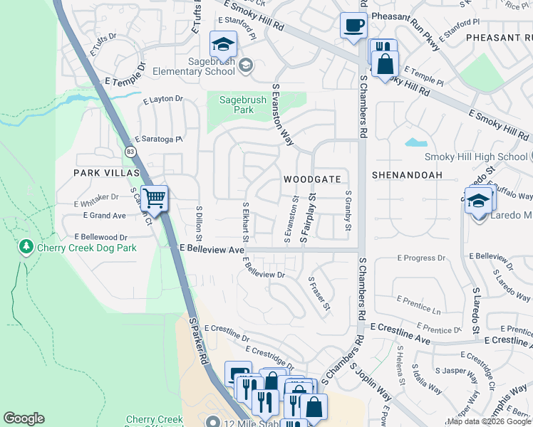 map of restaurants, bars, coffee shops, grocery stores, and more near 5056 South Elkhart Court in Aurora
