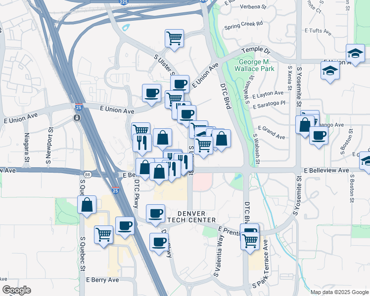 map of restaurants, bars, coffee shops, grocery stores, and more near 5031 South Ulster Street in Denver