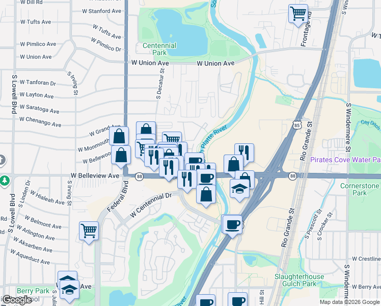 map of restaurants, bars, coffee shops, grocery stores, and more near 5010 South Platte River Parkway in Littleton