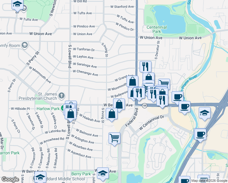 map of restaurants, bars, coffee shops, grocery stores, and more near 3226 West Monmouth Avenue in Englewood