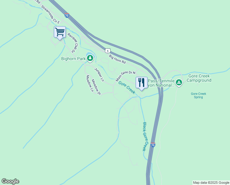 map of restaurants, bars, coffee shops, grocery stores, and more near 5117 Main Gore Drive South in Vail