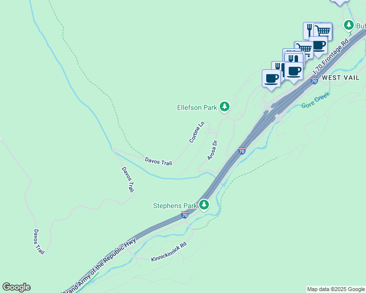 map of restaurants, bars, coffee shops, grocery stores, and more near 2662 Cortina Lane in Vail