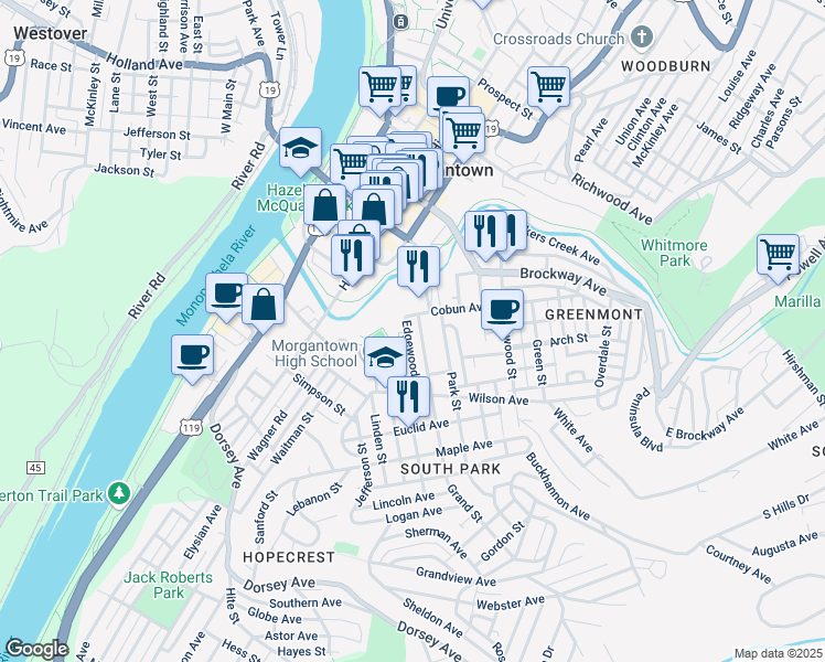 map of restaurants, bars, coffee shops, grocery stores, and more near 219-227 Edgewood St in Morgantown