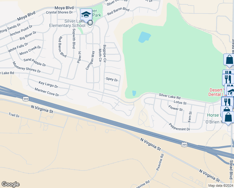 map of restaurants, bars, coffee shops, grocery stores, and more near 7408 Deveron Drive in Reno