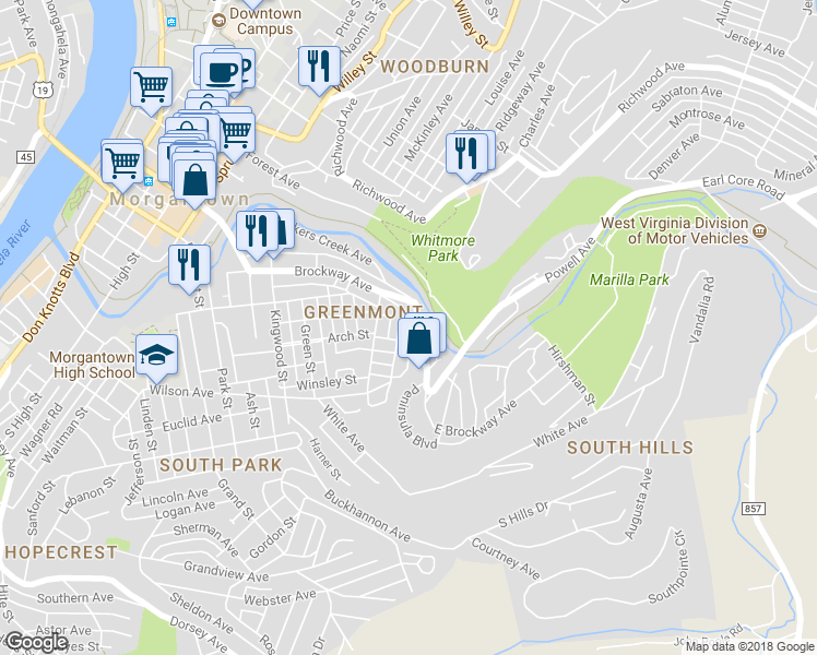 map of restaurants, bars, coffee shops, grocery stores, and more near 226 Front Avenue in Morgantown