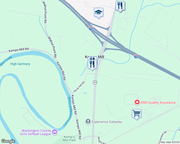 map of restaurants, bars, coffee shops, grocery stores, and more near 11405 Rock Hill Rd in Hagerstown