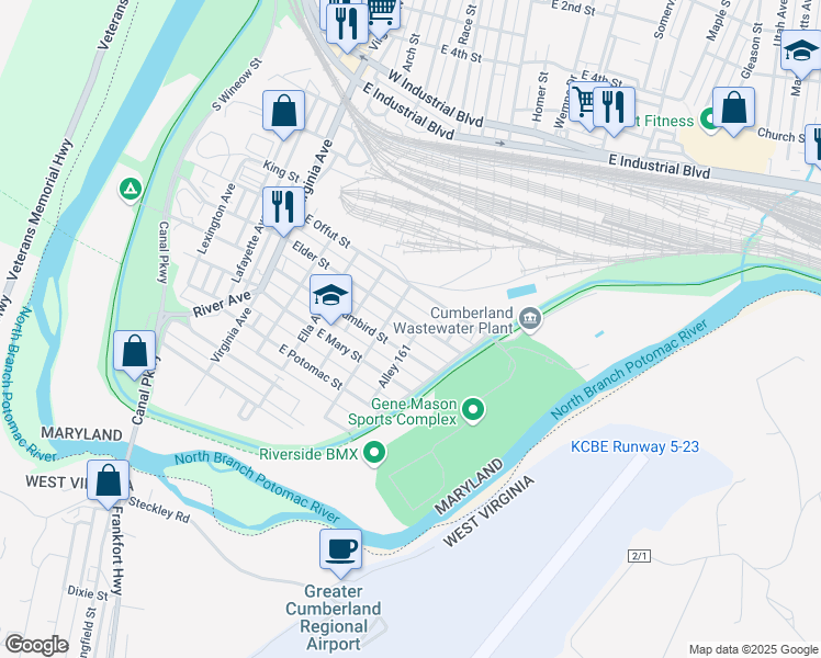 map of restaurants, bars, coffee shops, grocery stores, and more near 219 Elder Street in Cumberland