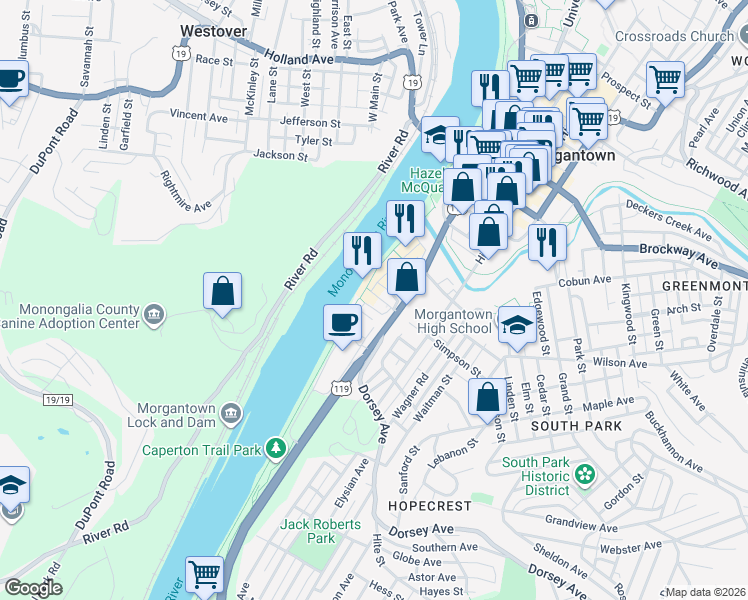 map of restaurants, bars, coffee shops, grocery stores, and more near 52 Donley Street in Morgantown