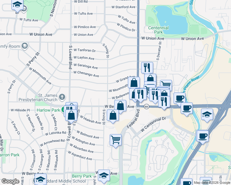 map of restaurants, bars, coffee shops, grocery stores, and more near 3226 West Monmouth Avenue in Englewood