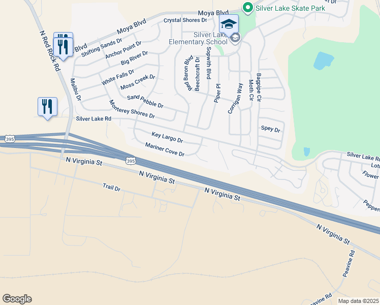 map of restaurants, bars, coffee shops, grocery stores, and more near 7731 Mariner Cove Drive in Reno
