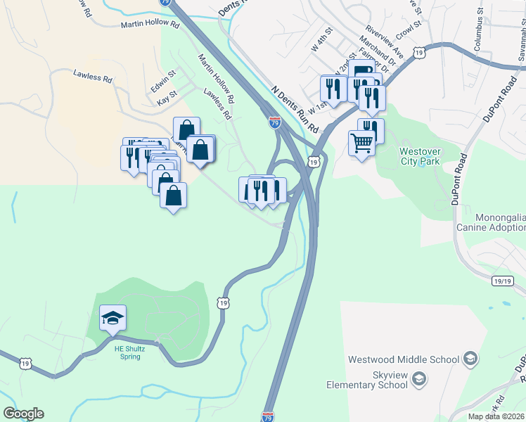 map of restaurants, bars, coffee shops, grocery stores, and more near 2 Mall Road in Morgantown