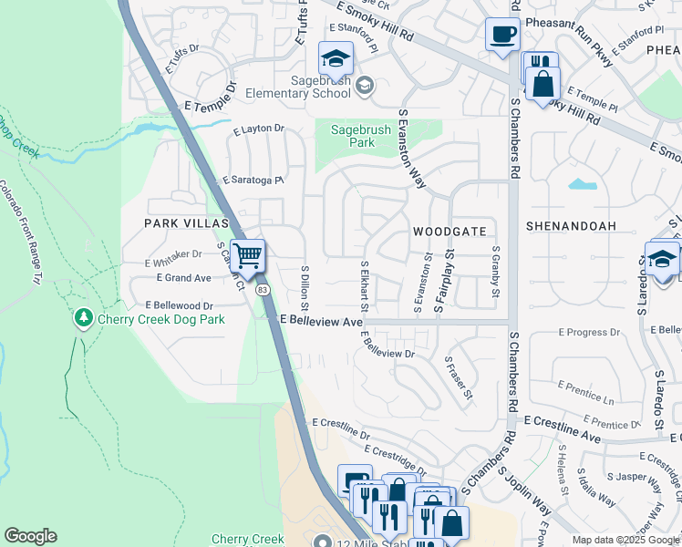 map of restaurants, bars, coffee shops, grocery stores, and more near 14711 East Penwood Place in Aurora