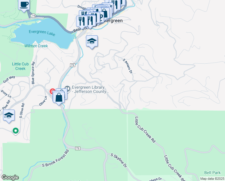 map of restaurants, bars, coffee shops, grocery stores, and more near 27565 Mountain Park Road in Evergreen