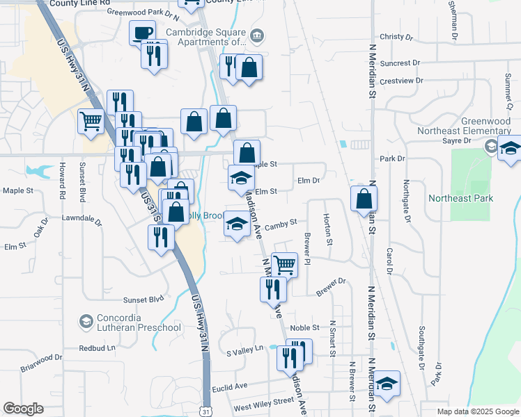 map of restaurants, bars, coffee shops, grocery stores, and more near 801 North Madison Avenue in Greenwood