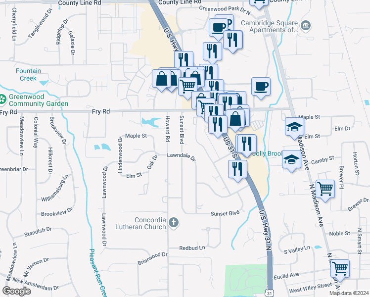 map of restaurants, bars, coffee shops, grocery stores, and more near 707 Sunset Boulevard in Greenwood