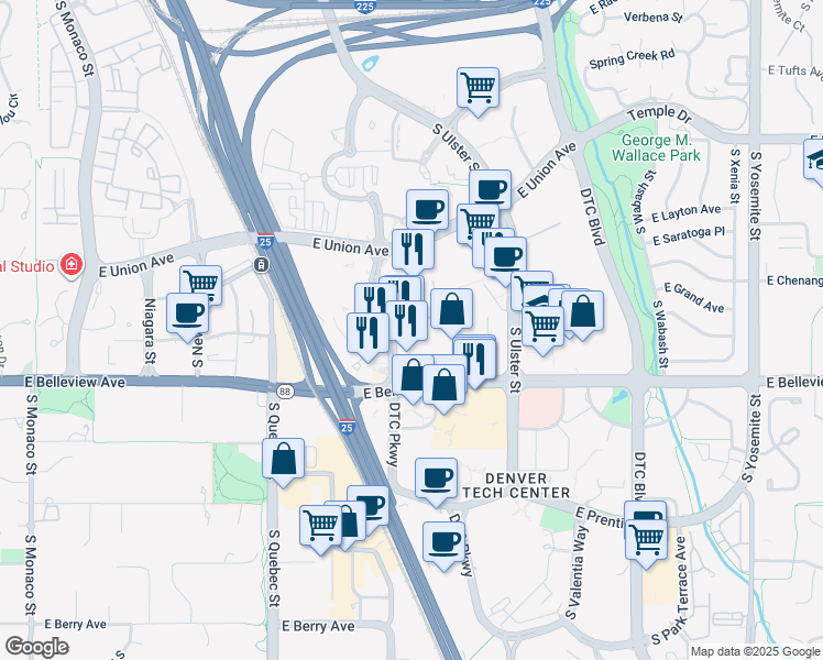 map of restaurants, bars, coffee shops, grocery stores, and more near 7887 East Belleview Avenue in Denver