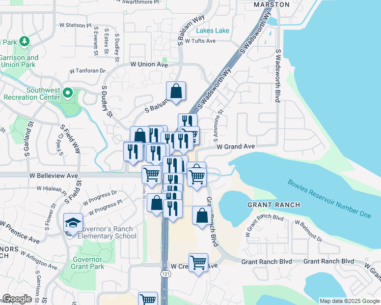 map of restaurants, bars, coffee shops, grocery stores, and more near 120 Balsam Street in Lakewood