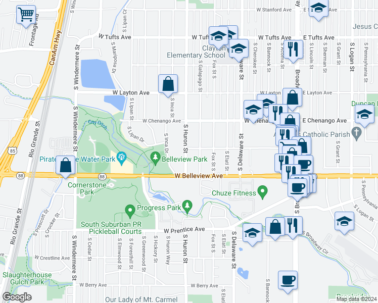 map of restaurants, bars, coffee shops, grocery stores, and more near 5000 South Huron Street in Englewood