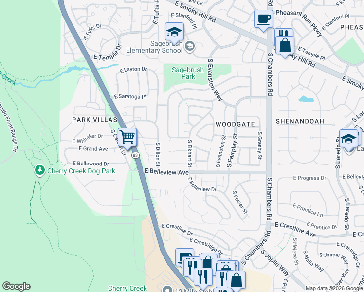 map of restaurants, bars, coffee shops, grocery stores, and more near 14711 East Penwood Place in Aurora