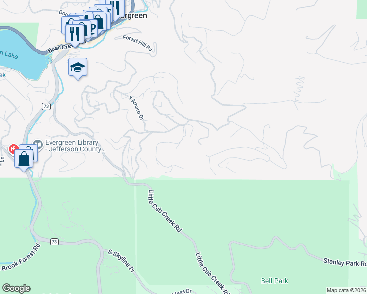 map of restaurants, bars, coffee shops, grocery stores, and more near 4986 White House Trail in Evergreen