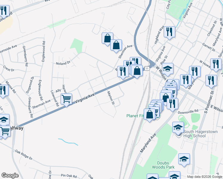 map of restaurants, bars, coffee shops, grocery stores, and more near 1190 Virginia Avenue in Hagerstown
