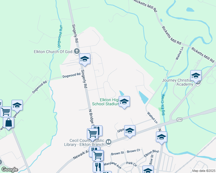 map of restaurants, bars, coffee shops, grocery stores, and more near 33 Jesse Boyd Circle in Elkton