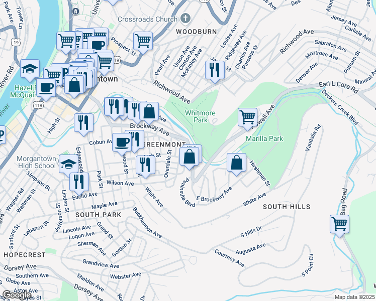 map of restaurants, bars, coffee shops, grocery stores, and more near 232 Front Street in Morgantown