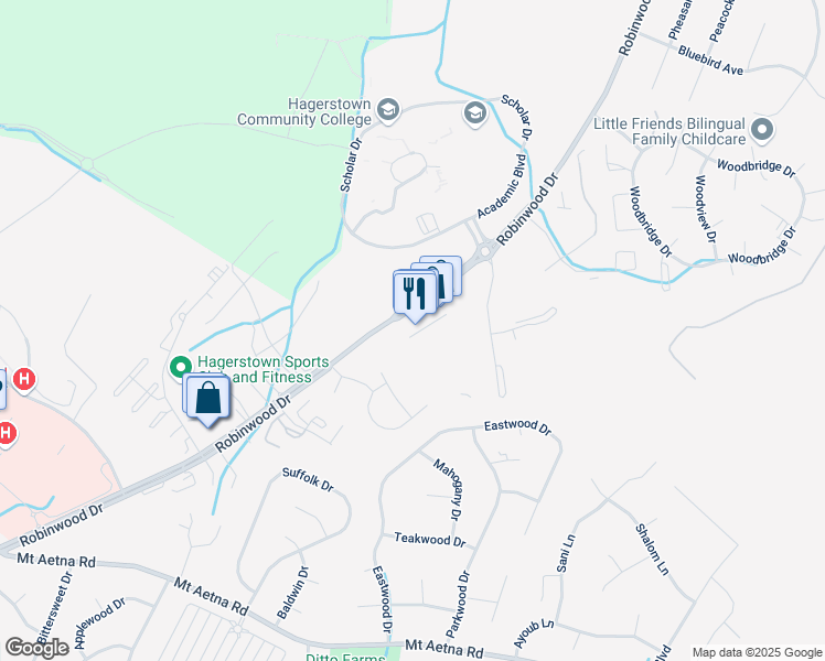 map of restaurants, bars, coffee shops, grocery stores, and more near 11341 Robinwood Drive in Hagerstown