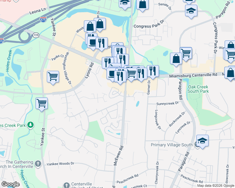 map of restaurants, bars, coffee shops, grocery stores, and more near 1008 Foxshire Place in Dayton
