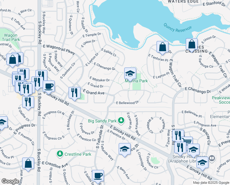 map of restaurants, bars, coffee shops, grocery stores, and more near 17711 East Grand Avenue in Aurora