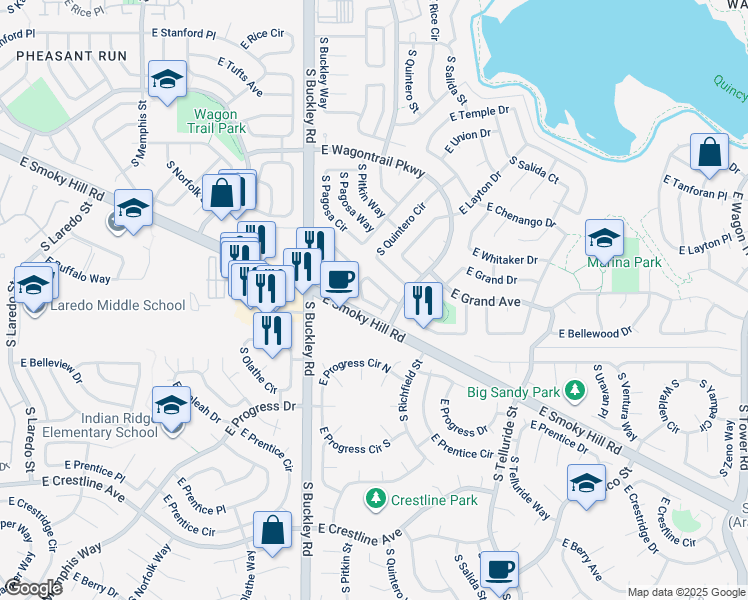 map of restaurants, bars, coffee shops, grocery stores, and more near 17197 East Whitaker Drive in Aurora