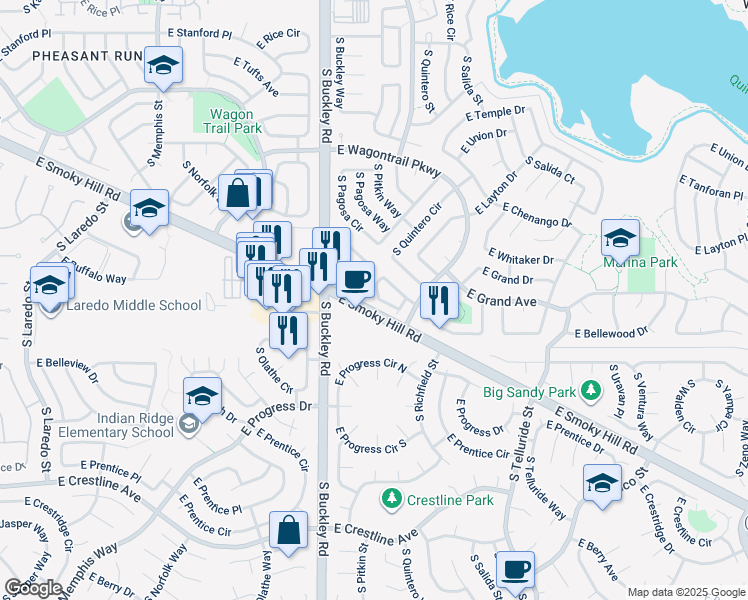 map of restaurants, bars, coffee shops, grocery stores, and more near 17000 East Smoky Hill Road in Centennial