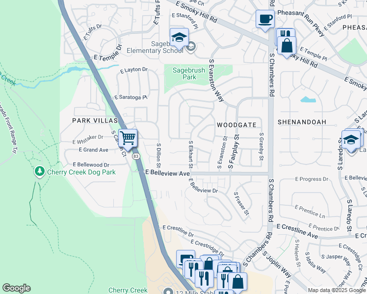 map of restaurants, bars, coffee shops, grocery stores, and more near 14711 East Penwood Place in Aurora