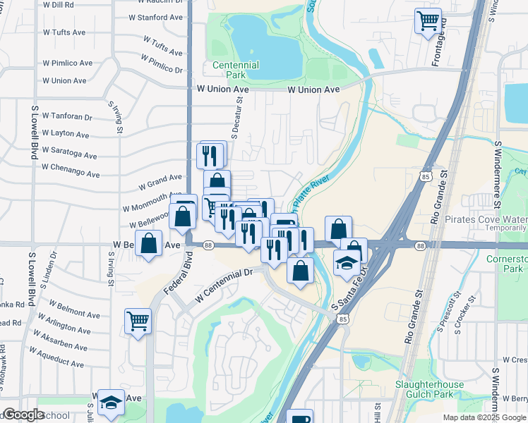 map of restaurants, bars, coffee shops, grocery stores, and more near 2755 West Belleview Avenue in Littleton