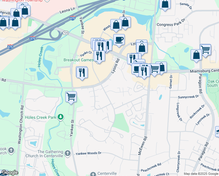 map of restaurants, bars, coffee shops, grocery stores, and more near 1291 Robbins Run Court in Dayton