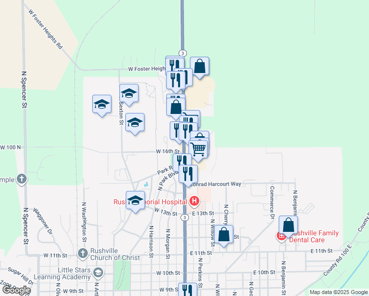 map of restaurants, bars, coffee shops, grocery stores, and more near 1602 North Main Street in Rushville