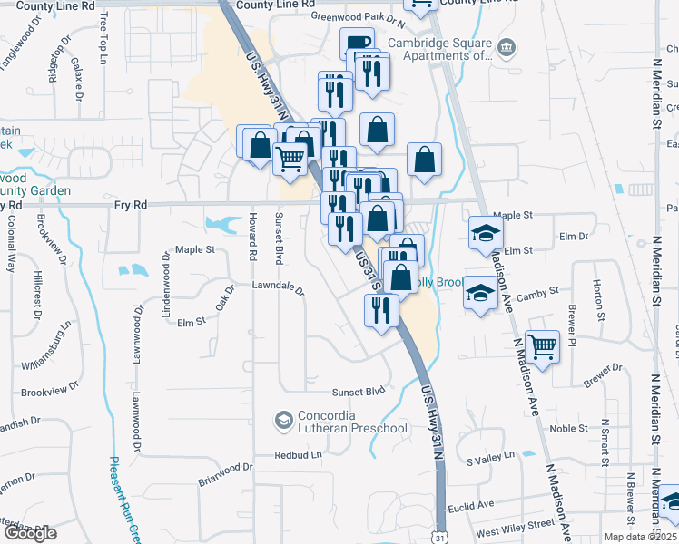 map of restaurants, bars, coffee shops, grocery stores, and more near 710 N U.S. 31 in Greenwood
