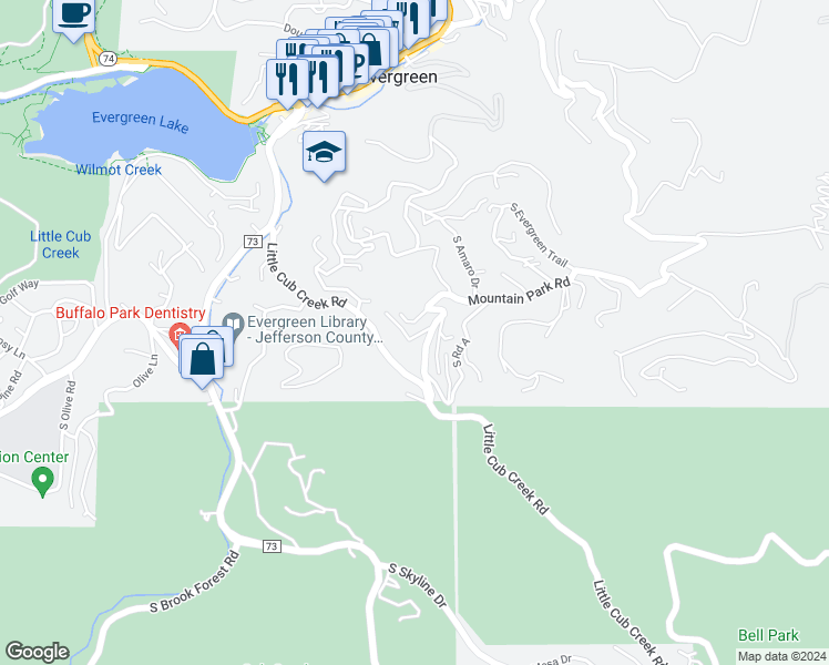 map of restaurants, bars, coffee shops, grocery stores, and more near 27565 Mountain Park Road in Evergreen