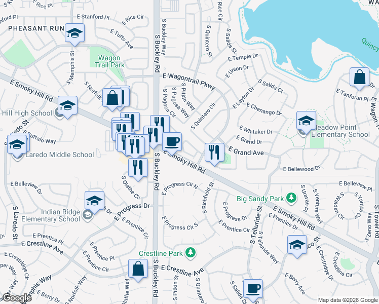 map of restaurants, bars, coffee shops, grocery stores, and more near 17197 East Whitaker Drive in Aurora